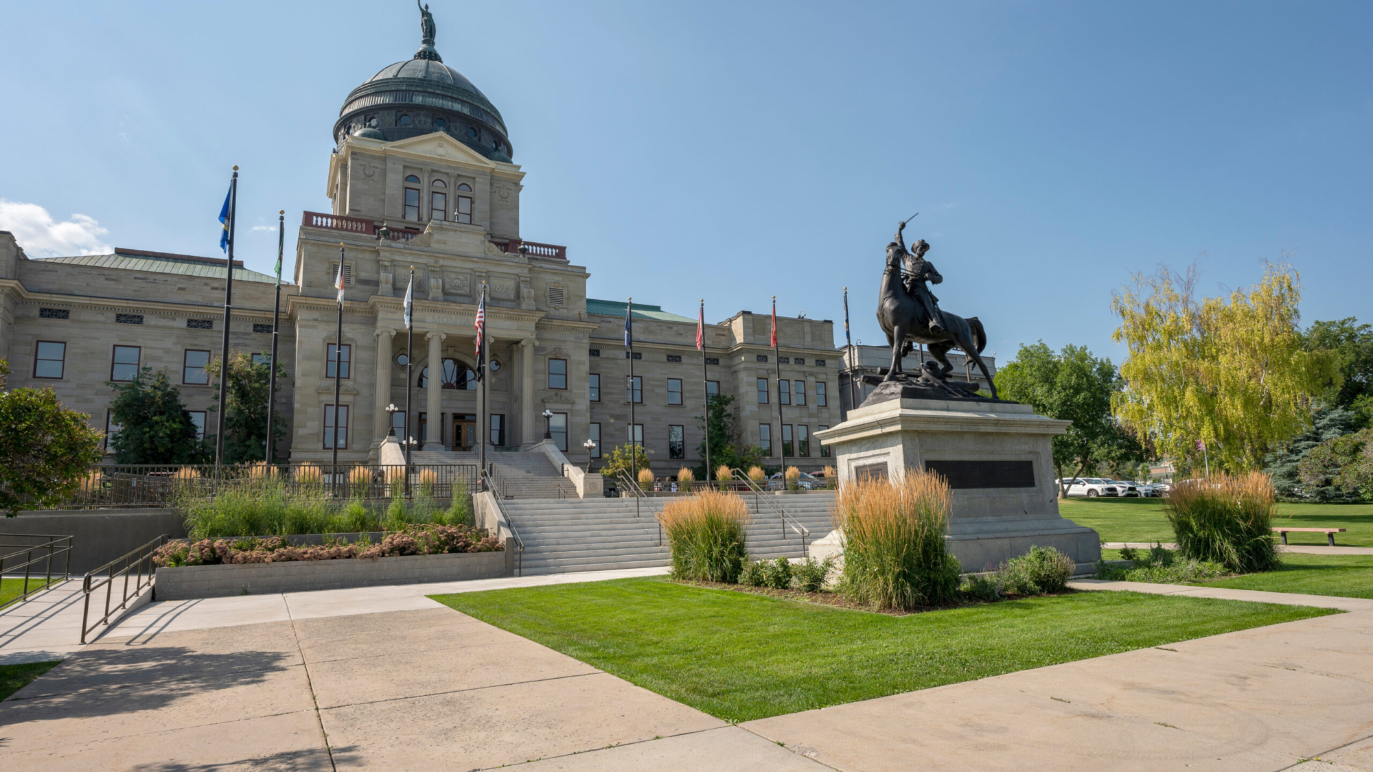 The main entrance to the granite and copper state capitol building in Helena, Montana, USA